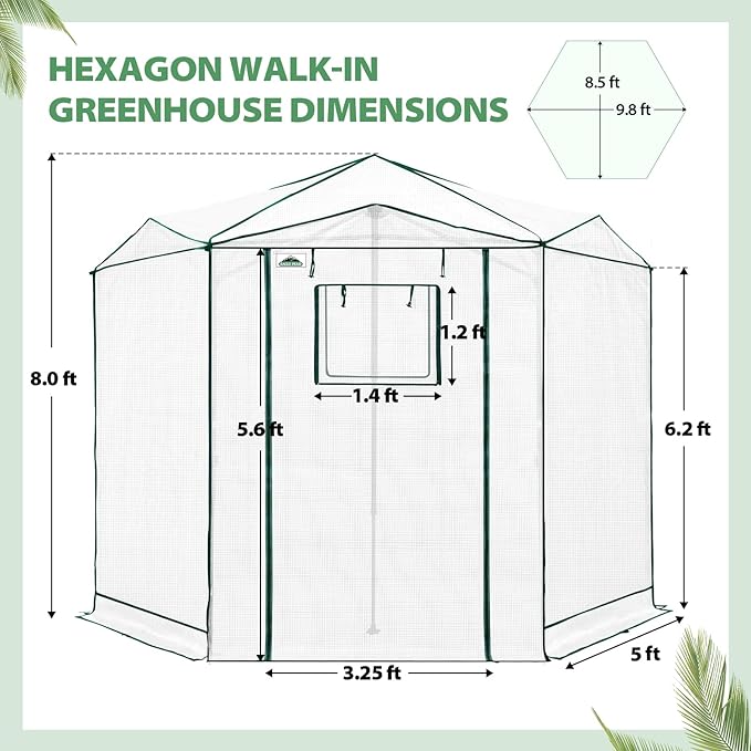 EAGLE PEAK 8.5x8.5 Portable Walk in Greenhouse, Pop Up Indoor Outdoor Greenhouse, Green House Kit with Zippered Roll-Up Doors and Windows, Hexagon Design, PE Cover, Clear/White