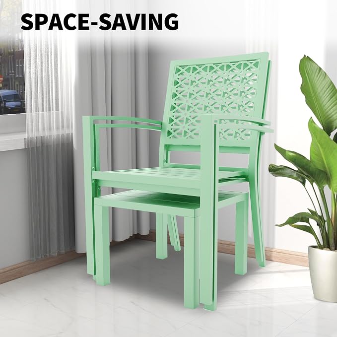 GarveeTech 3 PCS Outdoor Bistro Set, Stackable Modern Metal Steel Table and Chairs, Small Patio Furniture Conversation Set for Porch, Deck, Balcony, Garden, Geometric Decor - Mint Green
