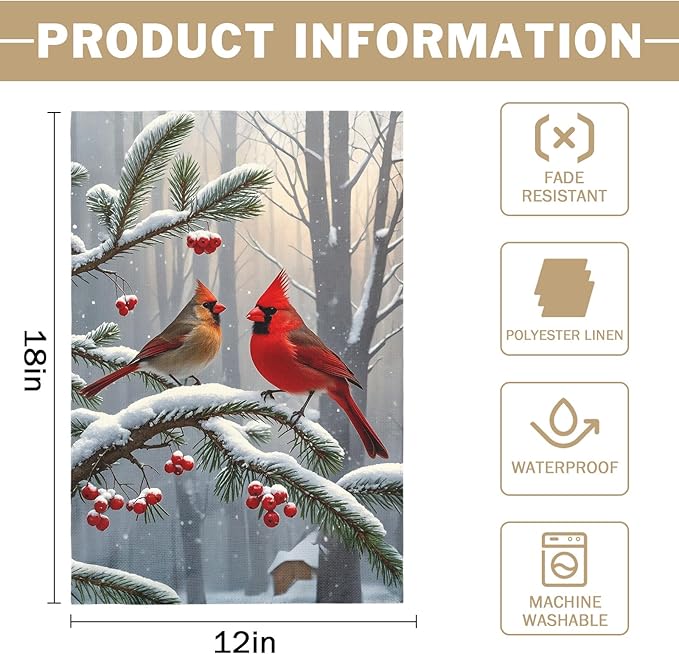 Winter Cardinal Bird Garden Flag 12x18 Inch Red Brown Birds Christmas Holiday Seasonal Theme Decorative Yard Flags for Outside Double Sided Outdoor Home Farmhouse Decoration Porch New Year Decor