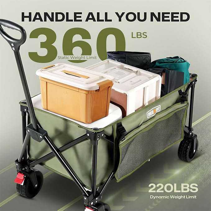 Overmont Collapsible Wagon Cart with Wheels - 180L Foldable Heavy Duty Wagon with Big All-Terrain Wheels - 360Lbs Weight Capacity with Side Pockets for Camping Sports Garden Grocery Shopping Green