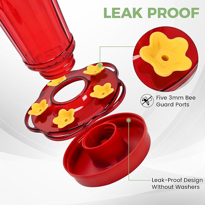 Zamelane Hummingbird Feeder-16 Ounces，6 Feeding Ports Glass Hummingbird feeders for Outdoors,Wide Mouth for Easy Filling/Cleaning，Hanging for Garden Backyard Decor, Includes Ant Moat (Red，1Pack)