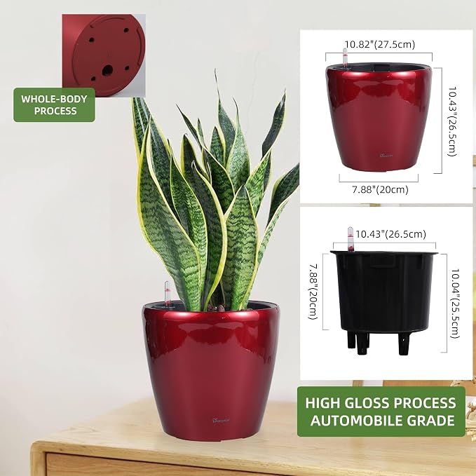 Dexceder 11x10 Self Watering Planter (Red High Gloss) | Inner Pot Design, Thickened Table Flower Plant Pot with Water Level Indicator Indoor Outdoor