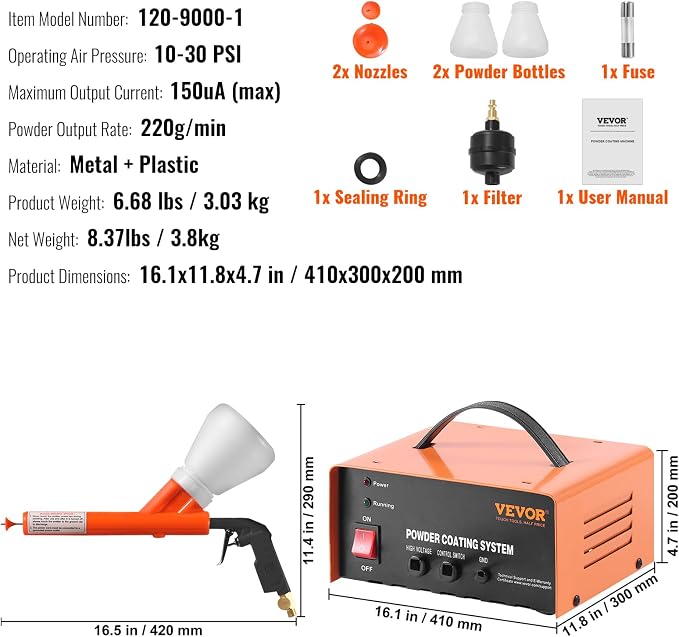 VEVOR Powder Coating System, 50KV Electrostatic Output Powder Coating Kit with Foot Switch, Spray Gun, Nozzles and Powder Cups, Powder Coating Equipment for Home DIY and Commercial Production