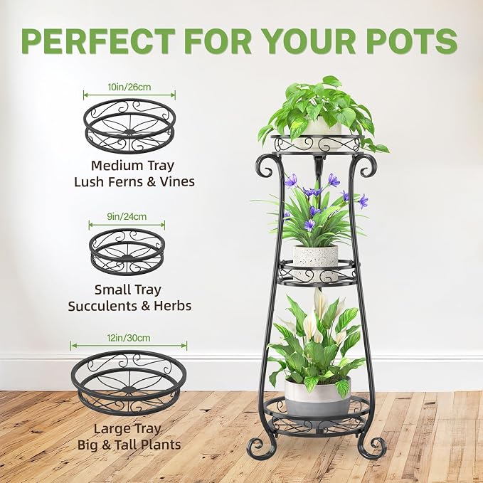 iDavosic.ly Plant Stand for Indoor Outdoor Set of 2, 5 Tier Corner Multiple Flower Pot Holder Shelf and 3 Layer Tall Vertical Heavy Duty Display Rack for Patio Porch Living Room Garden Balcony, Black