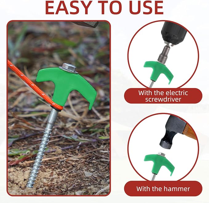 50 Pack 8 Inch Screw in Tent Stakes Heavy Duty Tent Stakes Screw in Ground Camping Stake with Hex Head Driver Metal Pegs Spikes for Camping Garden Yard (Green)