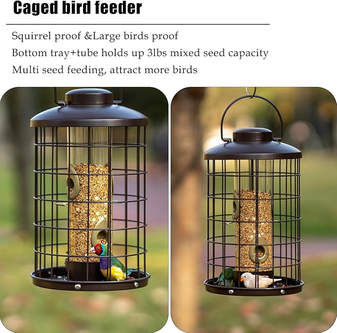 Mosloly Caged Bird Feeders Metal - 3 Lbs - Squirrel-Proof Wild Bird Feeders, Clear Tube Feeders Hanging Outside Starling Proof, Detachable Cleaning, 4 Feed Ports(Copper)