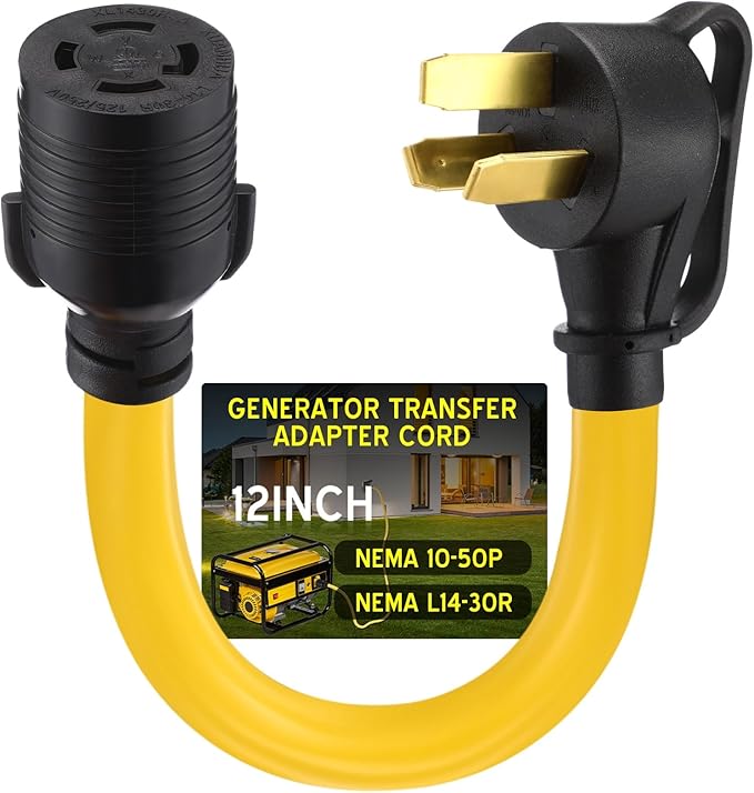 Tellegloww NEMA 10-50P to L14-30R 30 Amp Generator Transfer Switch Adapter Cord, 50Amp 3 Prong Old Dryer Outlet to 4 Prong Generator Locking Plug Adapter, STW 10 AWG, 1FT, ETL Listed