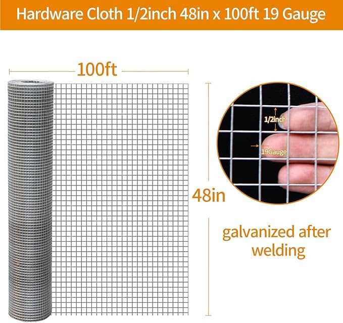 Gartist 1/2 in 48"x100' Hardware Cloth – Hot-Dip Galvanized After Welding, 19GA Chicken Wire Fencing Roll for Snake, Raccoon & Fox Prevention
