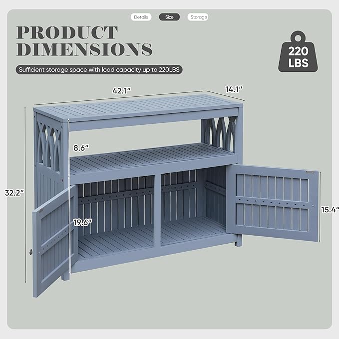 Devoko Acacia Wood Patio Cabinet with 2 Magnetic Doors and Shelve for Outdoor Storage, TV Stand, Potting Table (Gray)