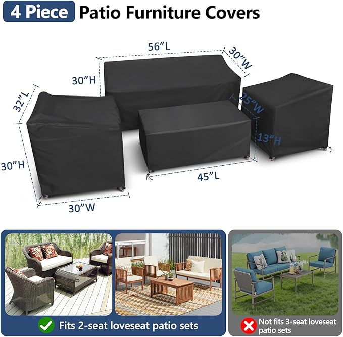 STARTWO Outdoor Furniture Cover Waterproof, 4 Piece Patio Furniture Set Cover 400D for Outside Couch, Lawn Chairs, Coffee Table, Windproof with Buckle Strap, Black