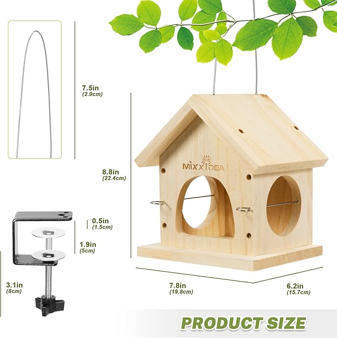 MIXXIDEA Deck Bird Feeder for Railing, Wooden Balcony Deck Bird Feeders for Outside, with Metal Clamp, Easy to use (1pk)