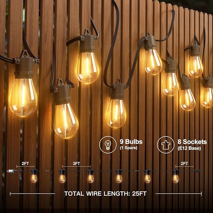 addlon 25FT LED Outdoor String Lights with Edison Shatterproof Bulbs, Heavy-Duty and Weatherproof Strand, Commercial Grade Patio Lights, Decorative for Garden or Patio, Black