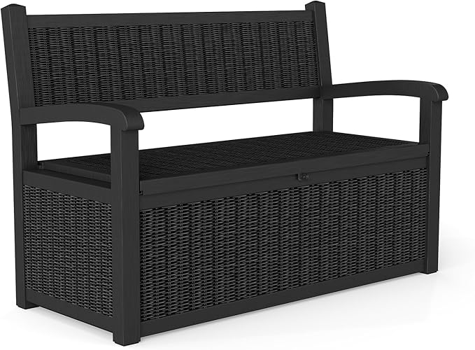 Skepphlay 70 Gallon Storage Bench Outdoor, Deck Box Bench with Armrest, Lockable Outside Benches with Storage, Deck Boxes Waterproof for Pool Patio Garden (Black)