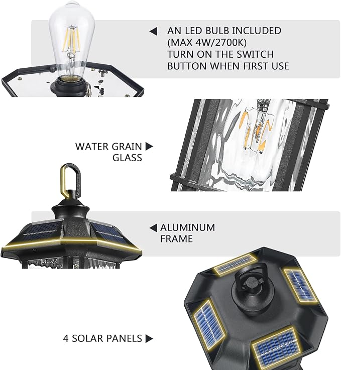 Emliviar Integral Solar Lamp Post with Fixed Pire Mount Base, Matte Black LED Fence Deck Pilllar Lighting for Patio, Portable Outside Solar Panels Lamp with Water Grain Glass, 2084P-ML SL BK
