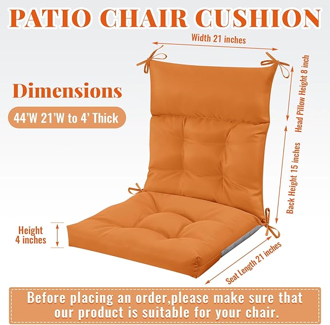Sintuff 2 Pcs 44 x 21 x 4 Patio Chair Cushions Outdoor Chair Cushion Seat/Back Tufted Pillow with Ties Water Resistant Replacement Indoor Patio Furniture Outdoor Furniture (Solid Color,Orange)