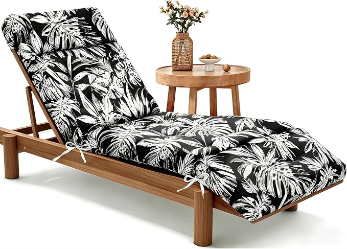 MAGIC ELEPHANT Chaise Lounge Cushion Outdoor, Memory Foam Patio Lounge Chair Cushion with Ties for Indoor Outdoor Furniture, Water-Repellent Replacement Long Chair Cushion (Black Monstera)