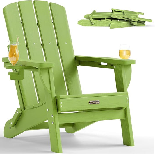 Folding Adirondack Chair, HDPE Adirondack Chairs with 2 Cup Holder, Plastic All-Weather Fire Pit Chairs, Outdoor Lawn Chair for Patio Garden (Light Green)