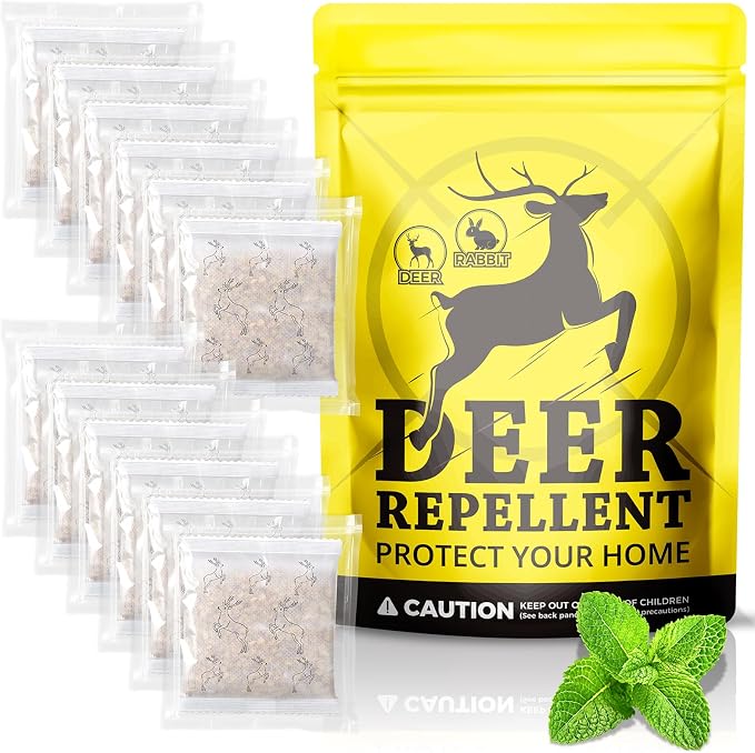 Deer Repellent 12 Pouches, Deer and Rabbit Repellent Outdoor, Natural Deer Deterrent Stopper for Plants Flower Vegetable Garden Yard Lawn (12)