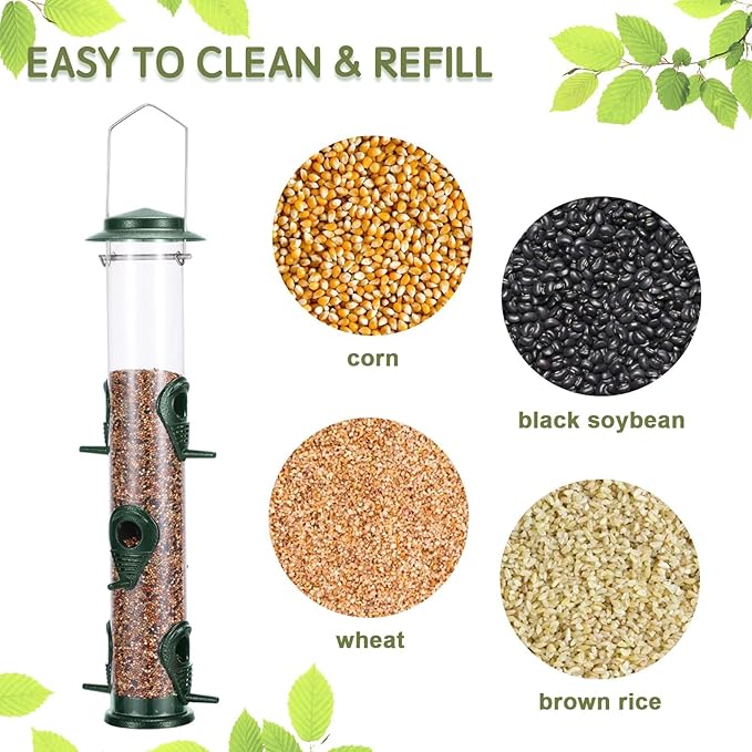 Metal Bird Feeder Tube Hanging Wild Bird Seed Feeder Aluminum Six Port Bird Feeders,1.4 mm Extra Thick Solid Tube Transparent with Steel Hanger Great for Attracting Birds (Green 2PK)