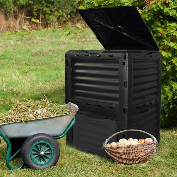 EJWOX 80 Gallon (300L) Large Capacity Static Compost Bin - Sturdy Outdoor Waste Composter with Easy-Access Hatch, Efficient Aeration System for Fast Organic Fertilizer Creation, Black