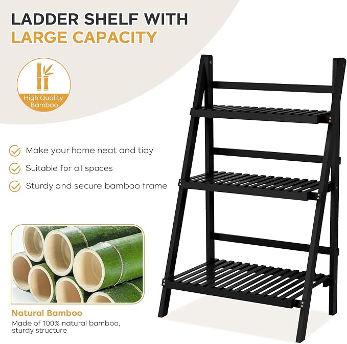 oakvivo 39.4" Foldable Plant Shelf Ladder Shelf, 3 Tier Bamboo Ladder Flower Pot Display Shelf, Freestanding Ladder Bookshelf for Garden, Balcony, Yard, Living Room, 23.6" W x 15" D x 39.4" H, Black
