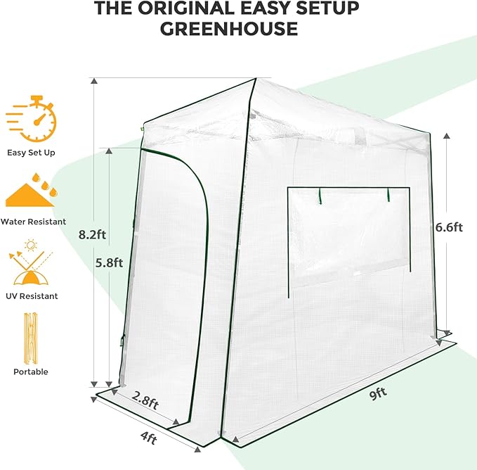 EAGLE PEAK 9x4 Portable Walk in Greenhouse, Pop Up Indoor Outdoor Greenhouse, Green House Kit with Zippered Roll-Up Doors and Windows, Lean-to Design, PE Cover, Clear/White