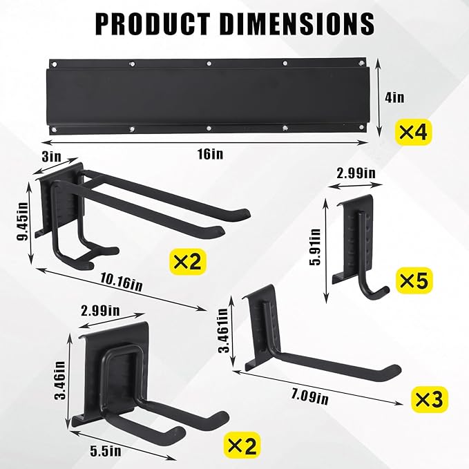 Garvee 64 Inch Garage Tool Organizer Wall Mount, Heavy Duty Garden Tool Storage Organization with 12 Adjustable Hooks, 16 Pack Yard shed Tool Organizer System for Shovel Rake Broom Ladders