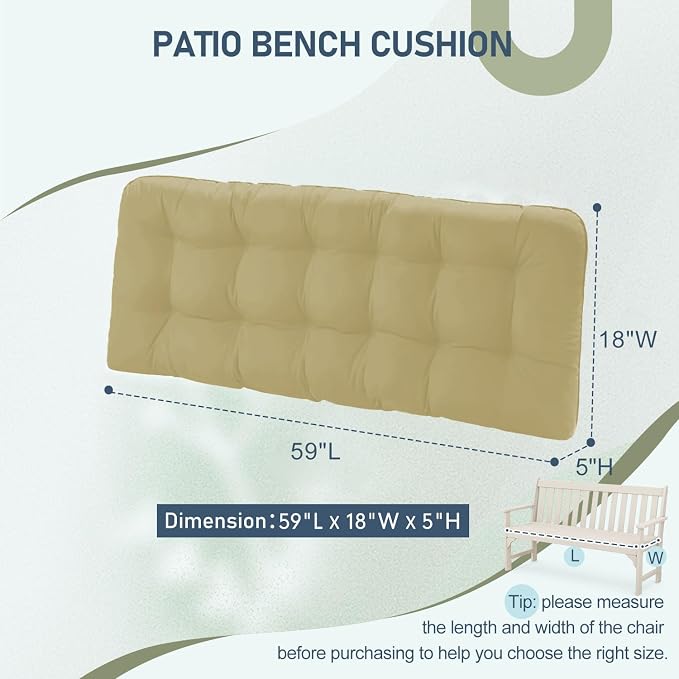 downluxe Outdoor Bench Cushion for Patio Furniture, Water Resistant Tufted Overstuffed Porch Swing Cushions, Thick Outdoor Loveseat Cushions, 59" x 18" x 5", Khaki, Set of 1