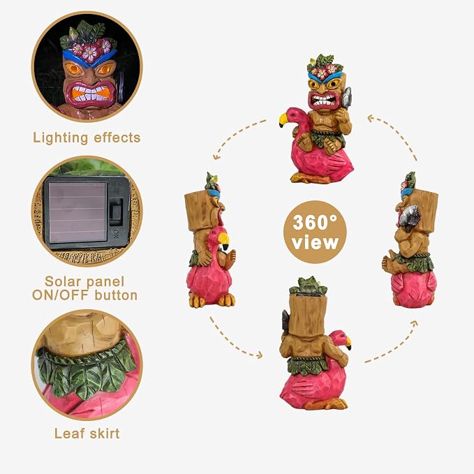Solar Tiki Garden Statue Outdoor Decor with Flamingo Waterproof for Tiki Bar, Patio, Balcony, Yard, Lawn, Front Door Decorations, Gardening Gift for Tiki Man