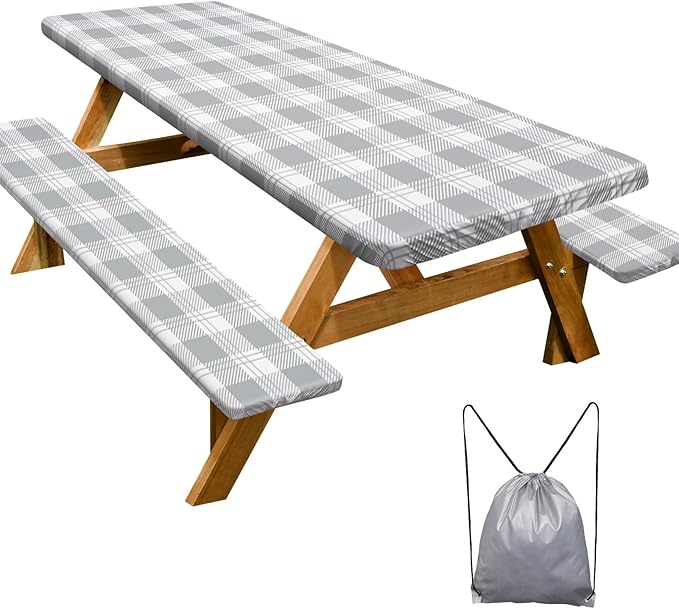 Play Tailor Picnic Table Cover with Bench Covers Camping Essentials Waterproof Windproof Camping Tablecloth with Drawstring Bag, Fitted Rectangle Tables and Seats, 96in, Grey Checkered