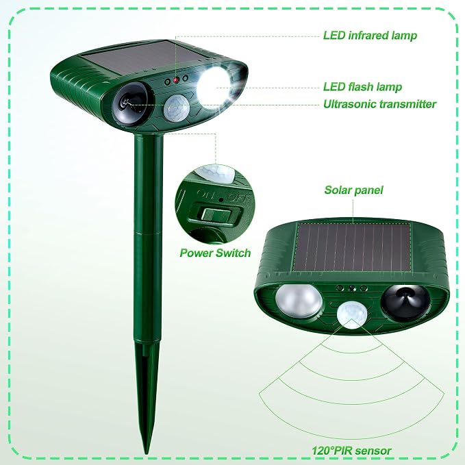 2 Pack Solar Animal Repeller for Raccoons, Deer & Squirrels - Ultrasonic & Strobe Light, Outdoor Deterrent for Cats, Dogs, Raccoons, Rabbits, Skunks, Foxes & More