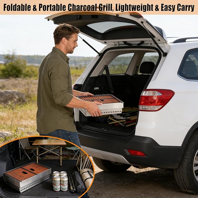Portable Charcoal Grill, Small Tabletop BBQ, Foldable Mini Hibachi, Stainless Steel Camping Grill, Compact Outdoor Cooker for Picnic, Tailgating (Orange)