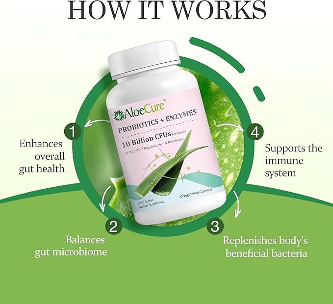 AloeCure Daily Probiotics 10 Billion CFU for Digestive Support 8 Strains, 6 Prebiotics & Enzymes - Digestive Supplement with Bromelain for Women & Men - Gut Support, Digestive Relief, 30 Caps