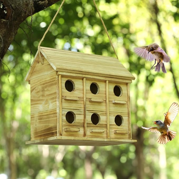 Bird Houses for Outside, 12 Hole Wooden Bird House for 12 Bird Families, Large Hanging Birdhouse Nesting Box for Wren Finch Bluebirds, Outdoor Garden Bird Hotel