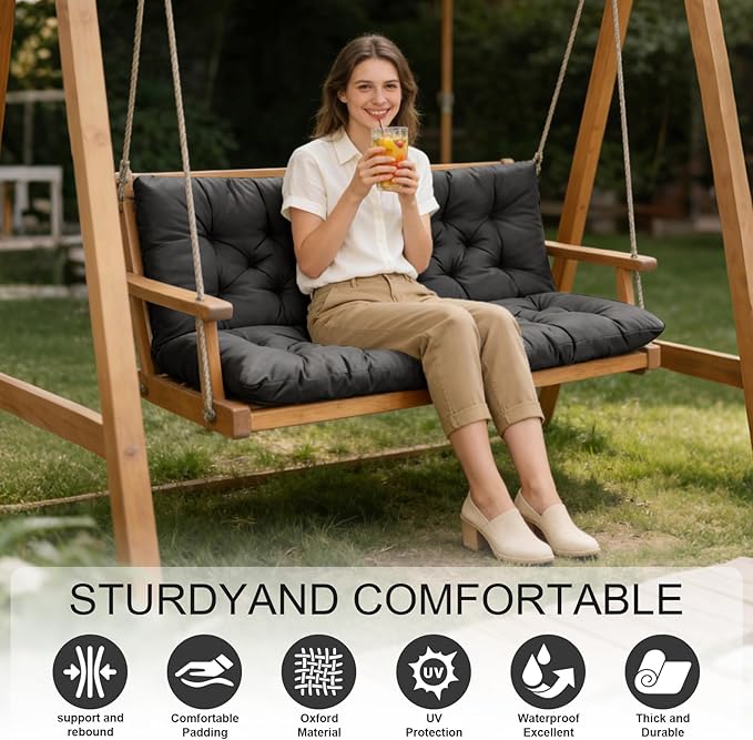 Porch Swing Cushions, Outdoor Swing Replacement Cushions 3 Seater with Backrest, Waterproof Bench Cushion with Ties,for Patio,Porch, Garden,Backyard