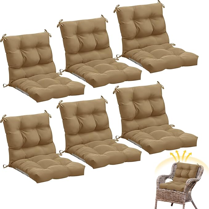 Marsui 6 Pcs Outdoor Indoor High Back Chair Cushions Patio Furniture Tufted Pillow with Ties Water-Resistant Replacement Outdoor Rocking Chair Cushions, 42 x 21 Inches (Dark Brown,Solid Color)