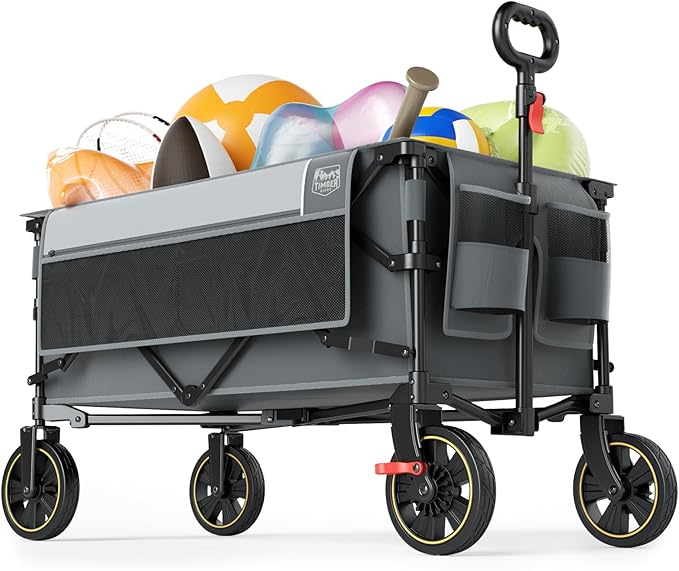 Timber Ridge Collapsible Wagon Cart with Brakes, 400lbs Heavy Duty Large Capacity Compact Portable Folding Wagon, Utility Grocery Cart for Camping, Gardening, Shopping-Grey