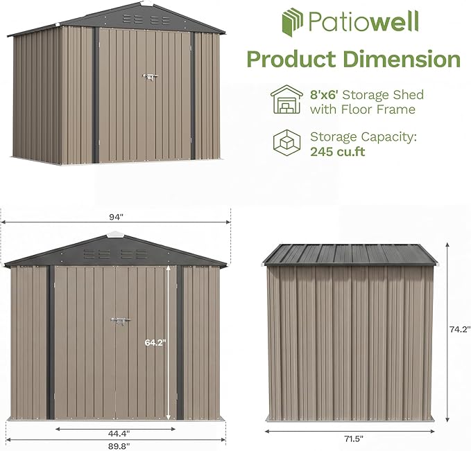 Patiowell 8x6 FT Outdoor Storage Shed with Floor Frame, Metal Garden Patio Sheds with Sloping Roof and Lockable Door, Waterproof Steel Tool Shed for Backyard Garden Lawn, Brown