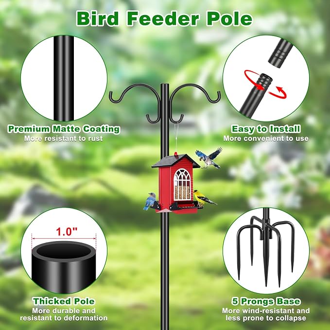 Heavy Duty Double Shepherd Hooks for Outdoor 1-in Dia with 5-Prong Base, 88inch Adjustable Decorative Metal Bird Feeder Pole for Hanging Bird Nest, Plant Basket,Lantern,Solar Light 2 Pack