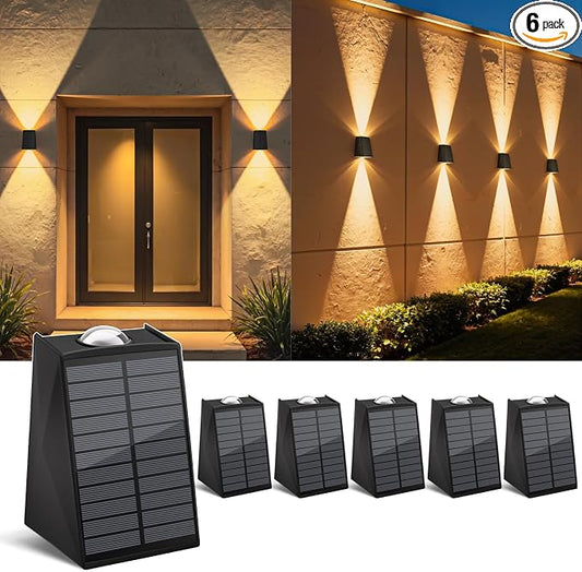 6 Pack Solar Wall Lights Outdoor Waterproof Up and Down 2 LED Fence Sconce for House, Patio, Porch, Yard, Garden, Garage and Pool for Security and Decorative Lighting, Wall Mounted Install(Warm White)