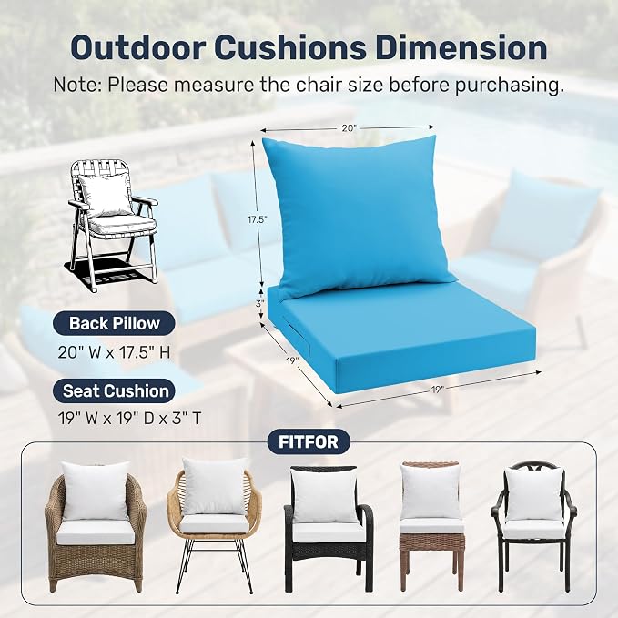 UNIKOME Outdoor Seat Cushions 19 X 19 Inch - Water-Resistant & Fade Resistant, Removable Cover Patio Furniture Cushions for Chair, Sofa, Couch, Wicker, Light Blue