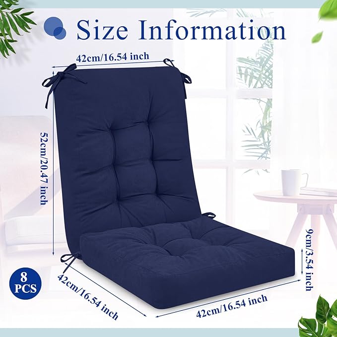 Juexica 4 Sets Outdoor Patio Chair Cushions Seat High Back Tufted Pillow Replacement Rocking Chair Cushions Pads for Patio Summer Seasonal Indoor Home Office (Navy Blue)