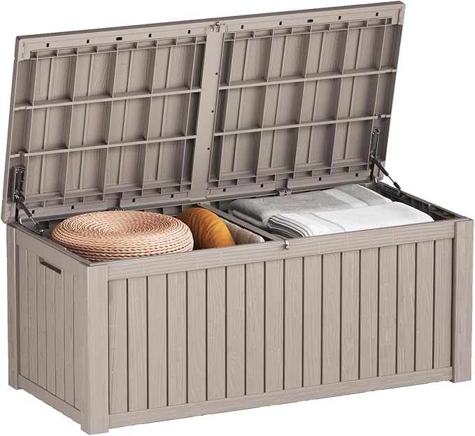 Outdoor Storage Deck Box Waterproof, 180 Gallon Large Lockable Patio Storage Bin Chest, Resin Outside Container Seat Bench for Furniture Cushions, Pool Accessories, Garden Tools & Delivery, Grey