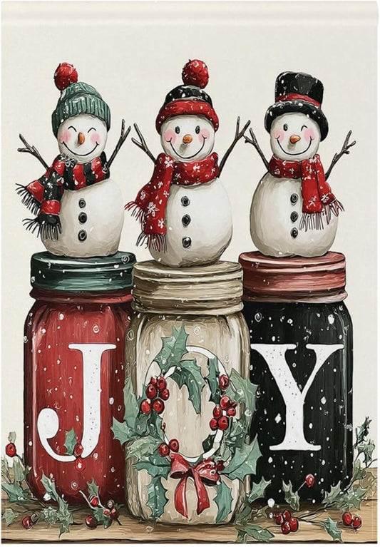 Pfrewn Christmas Winter Garden Flag 12x18 Double Sided Snowmen Joy Mason Jar Small House Yard Flags Welcome Seasonal Outdoor Indoor Banner for Xmas Holiday Yard Home Decoration