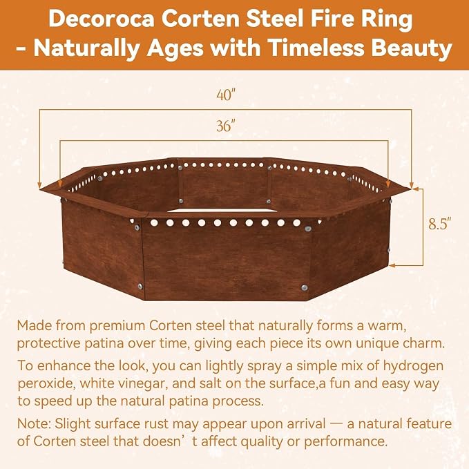 Heavy Duty Smokeless Fire Ring – 40 inch Outer/36 inch Inner Large Detachable & Portable Corten Steel Fire Pit Ring for Outdoor Camping & Bonfires – DECOROCA