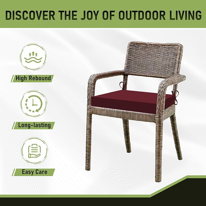 Basic Beyond Outdoor Chair Cushions Set of 6, Square Corner Outdoor Cushions for Patio Furniture, Water Resistant Patio Chair Cushions with 2 Ties, 18.5x16x3, Burgundy