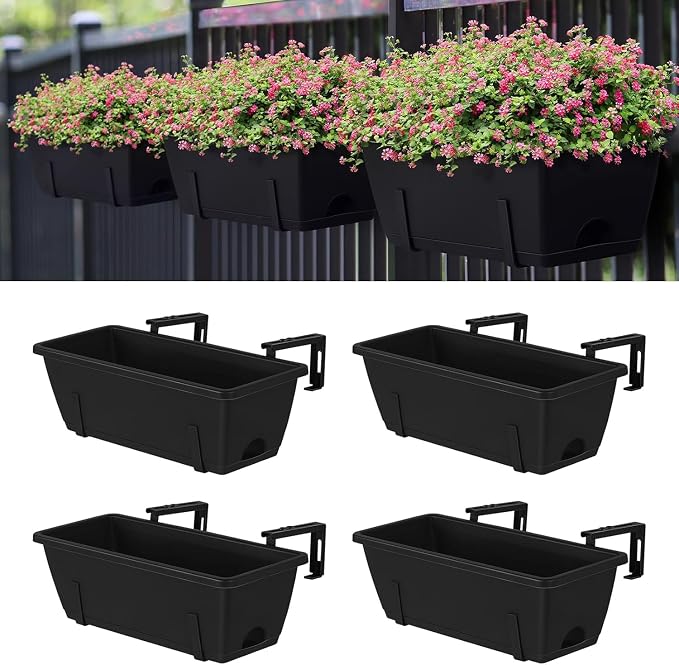 Balcony Planters Railing Hanging, Deck Railings Planter Boxes 16.9in, Railing Planter Box, Deck Planters for Railings, Railing Flower Box with Metal Brackets, Black (4Pcs)