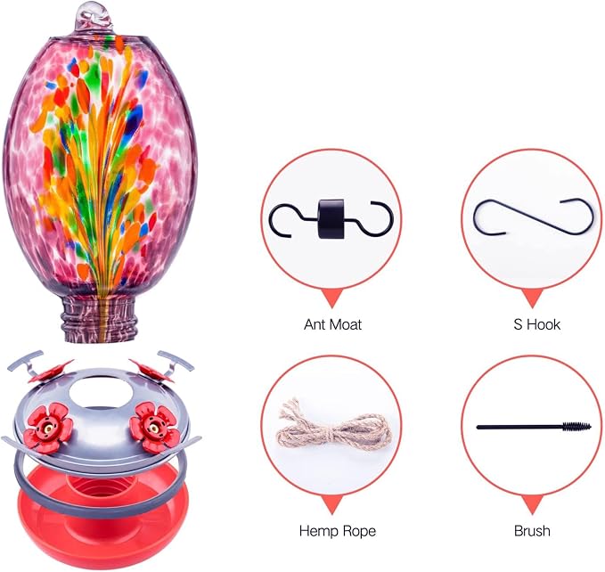 Muse Garden Glass Humming Bird Feeders for Outdoors - 27OZ Blown Glass Hummingbird Feeder - Unique Gift Mom Women, Outdoors Hanging Garden Decor, Includes Ant Moat & Brush, Purple Fireworks | Muse Garden Glass Humming Bird Feeders for Outdoors - 27OZ B...