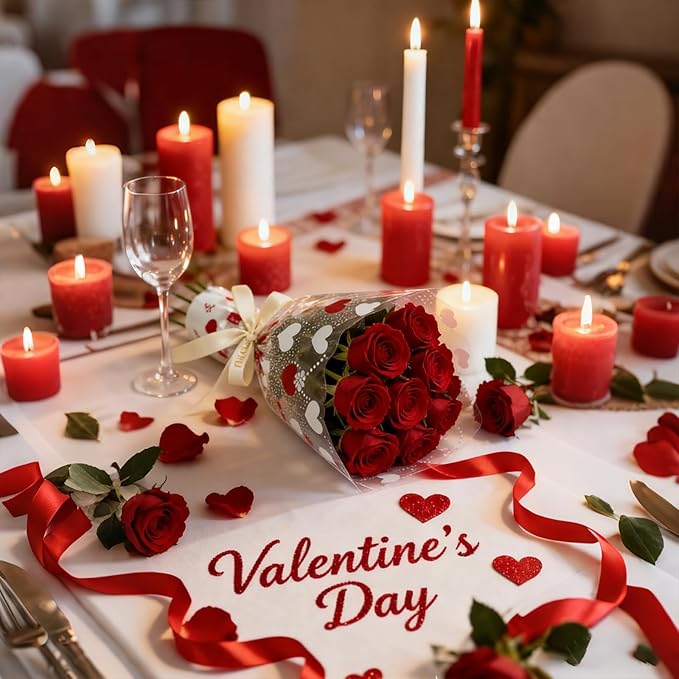 SELANTAG 100 Pack Red Heart Clear Flower Bags for Bouquets,Valentine's Day Heart Flower Bouquet Bags, Floral Wrapping bag, Sleeves Perfect for Mother's Day, Wedding (10.6in x 17in x 3.9in)