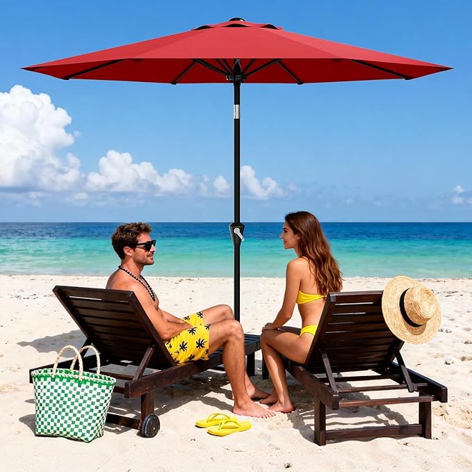 GarveeLife 10FT Umbrella Outdoor Patio, Table Umbrella with Push Button Tilt and Crank, 8 Sturdy Ribs Waterproof UV Protection for Garden, Pool, Deck, Backyard, Market (Red)